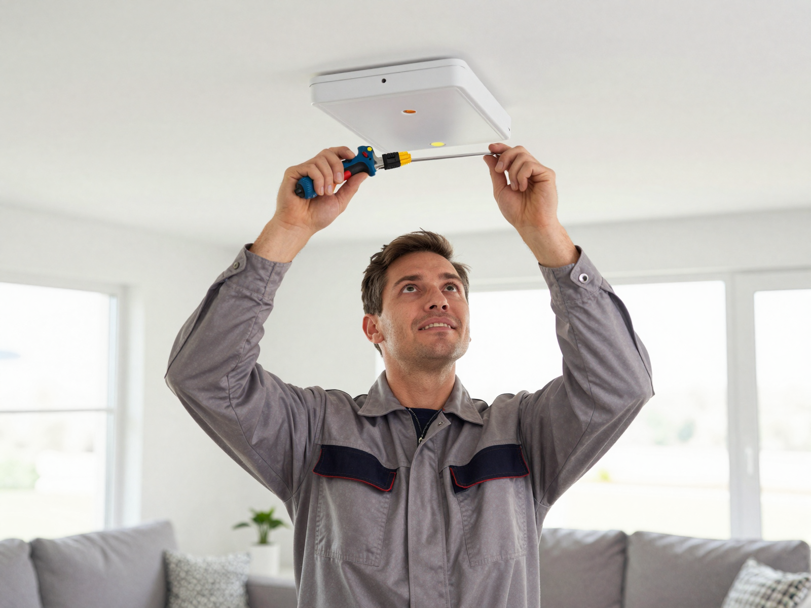 Electrician installing modern LED light fixture in residential kitchen