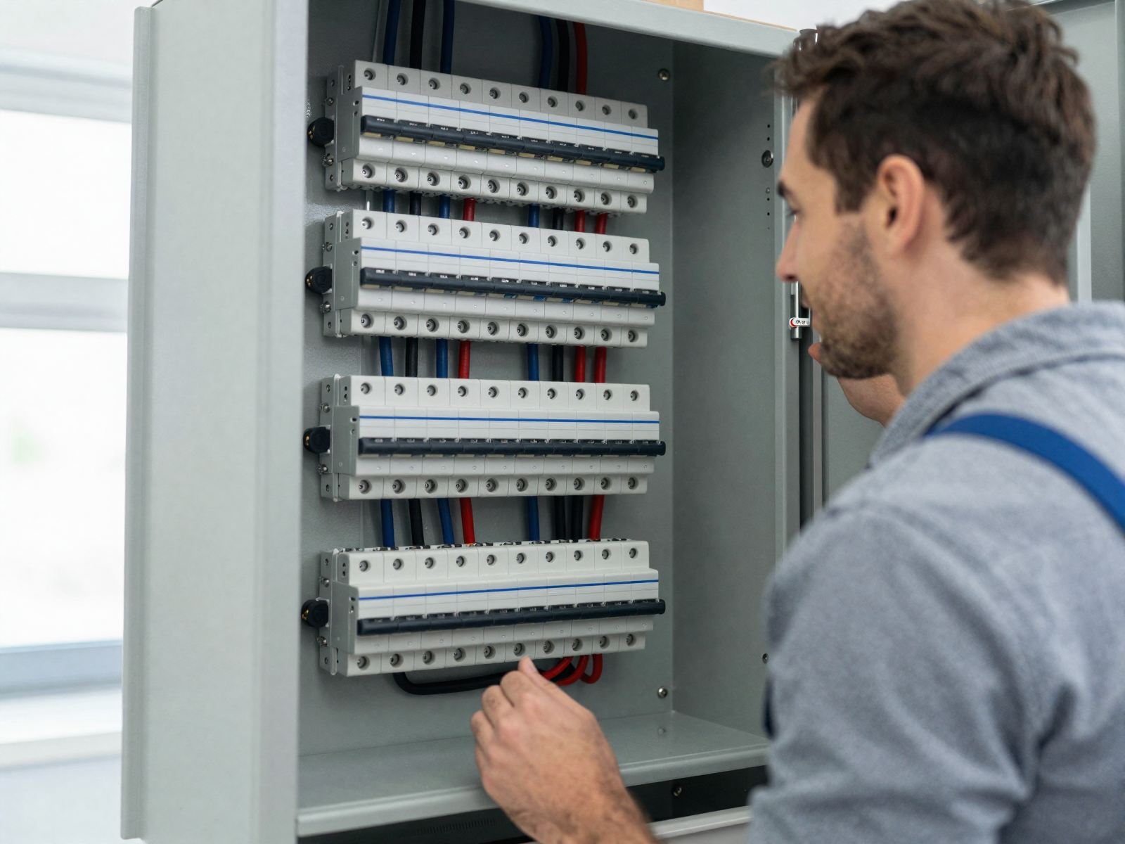Professional electrician reviewing electrical panel installation
